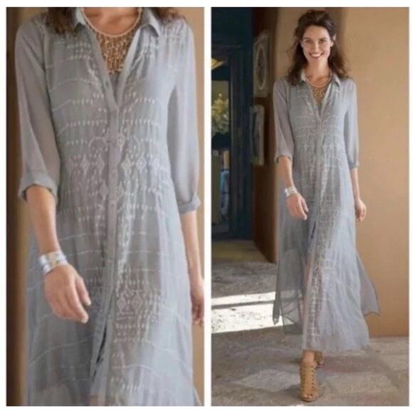 Soft Surroundings Ibiza Embroidered Gray Chiffon Maxi Dress Size Large - Picture 2 of 7
